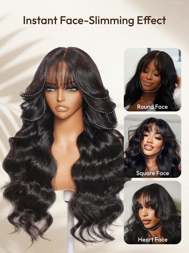 7x5 Bye-Bye Knots? & 13x4 Pre-Everything? & HD Lace Frontal Pull And Go Black Fluffy Natural & Balayage Highlights Loose Wave Curtain Bangs Wig