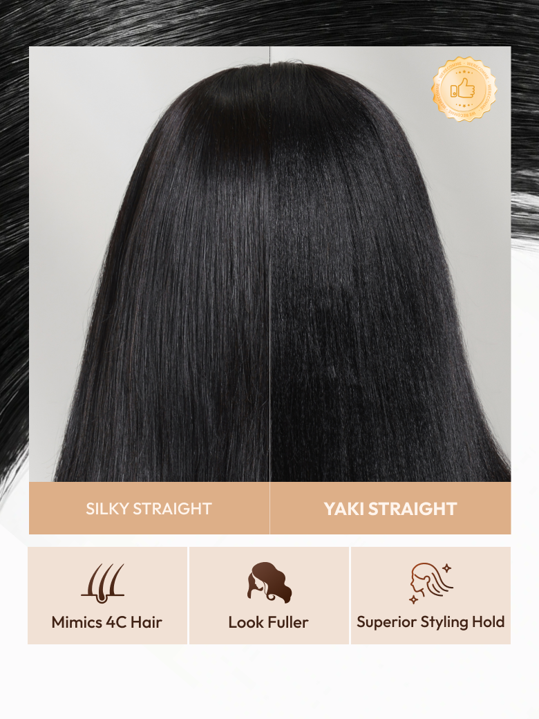 hair chart comparing silky straight texture with yaki straight texture that mimics full 4C human hair.