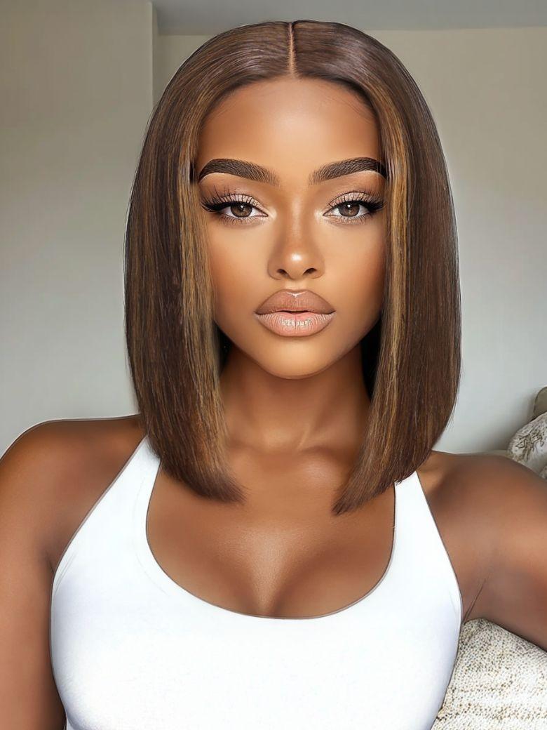 Glueless Bye-Bye Knots 7x5 Lace Highlight Brown Straight Bob Wig