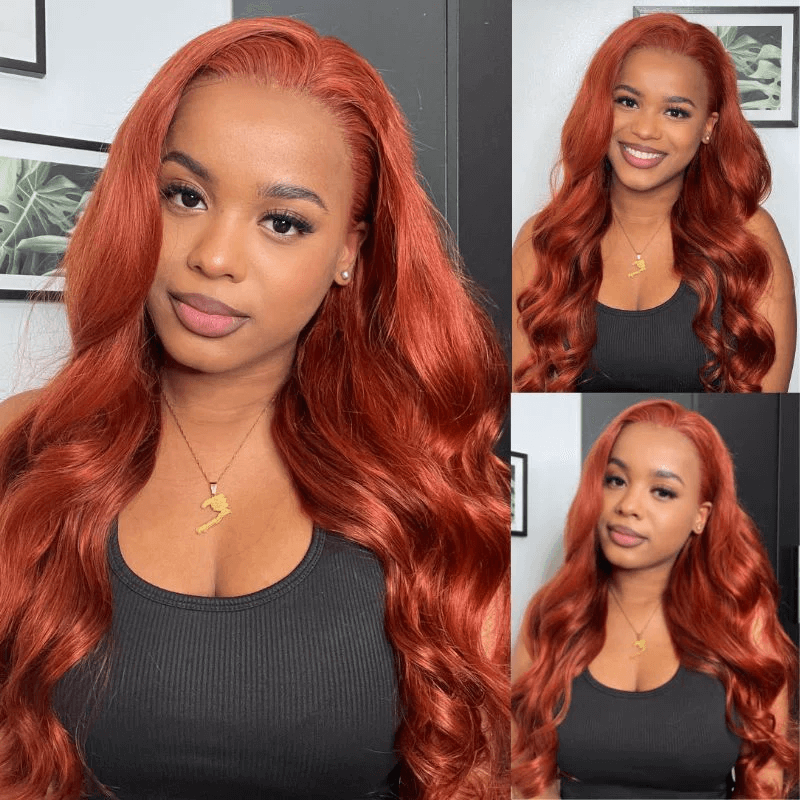 13x4 Lace Front  Copper BrownBody Wave Wig Ginger Brown 150% Density Pre plucked