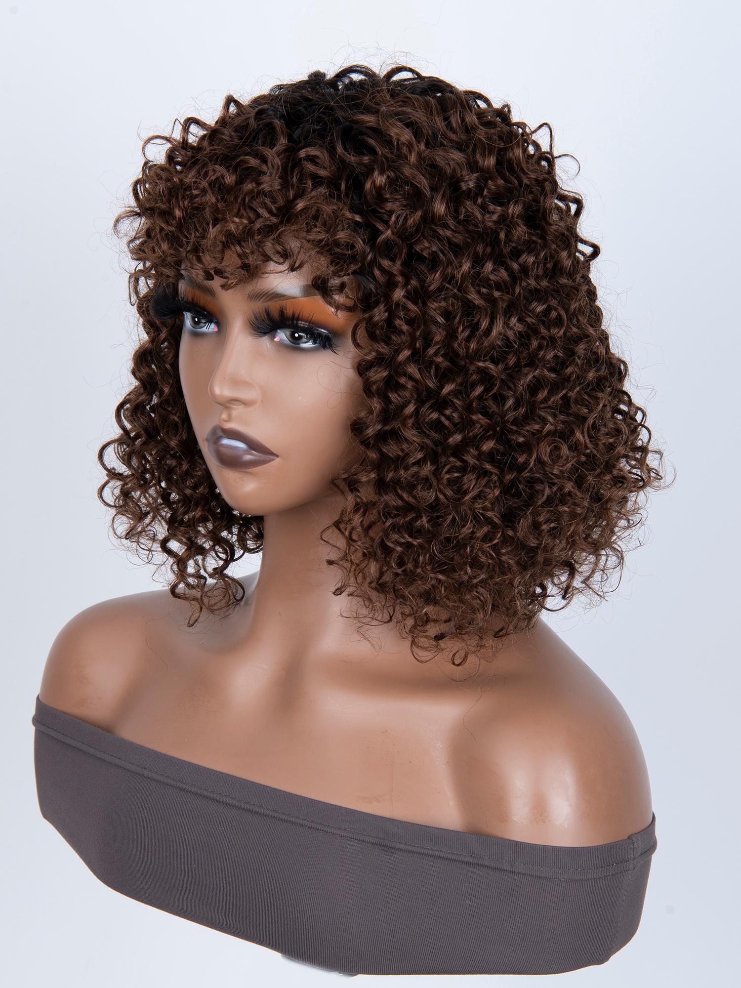 Glueless Dark Brown Curly Ombre Black Root Bob Wig With Bangs Machine Made Wig