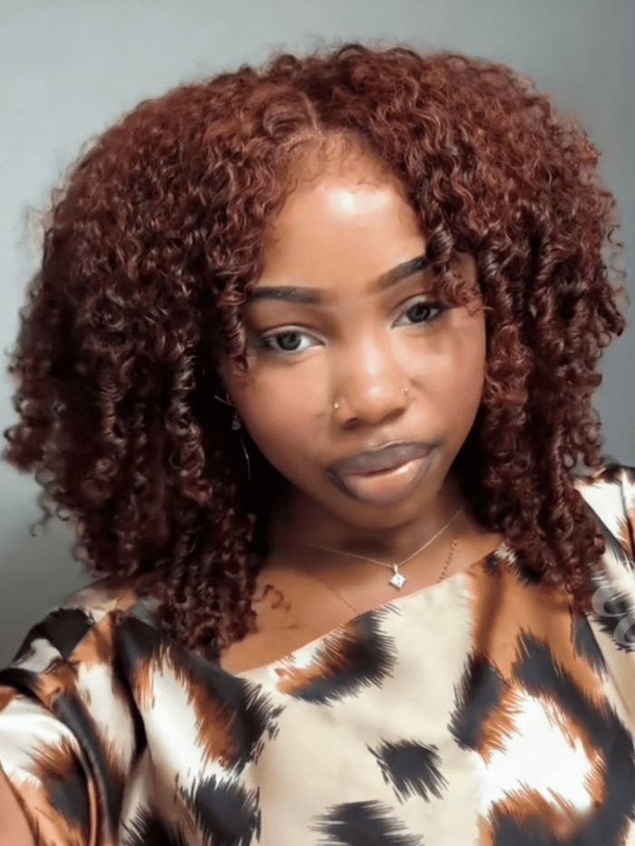 Petaluxe 7x5 Bye-Bye Knots? Wig Glueless Lace Jerry Curly & Afro Kinky Curly Reddish Brown Drawstring Wig With Bleached Knots