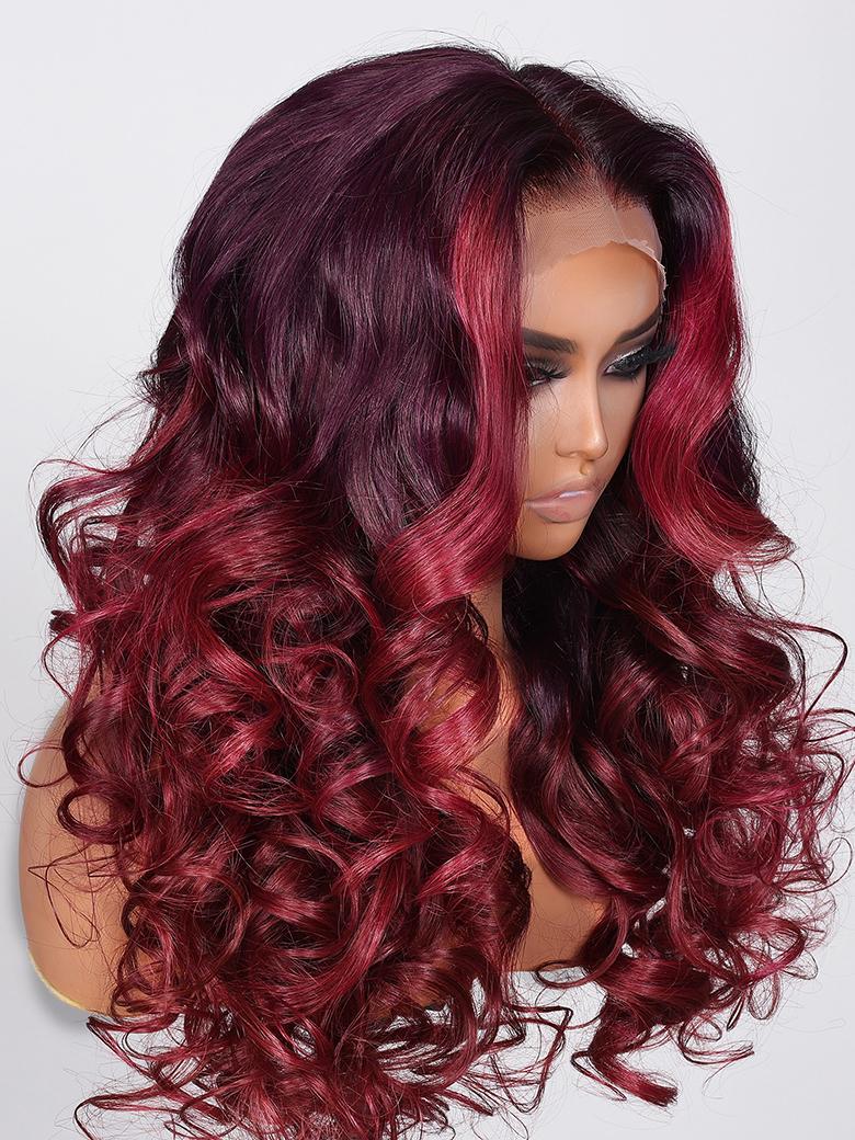 13x4 Lace Front Burgundy Loose Wave Wig With Ruby Red Face Framing Highlights