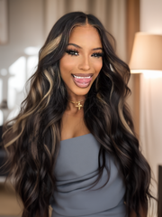 13x4 Transparent Lace Front Peek A Boo Blonde Highlights Body Wave Black Human Wig