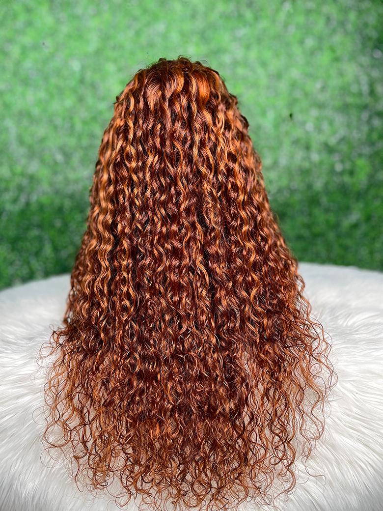 [24"=$149] 13x4 Lace Front Ginger Brown Highlighted Water Wave 150% Density Wig
