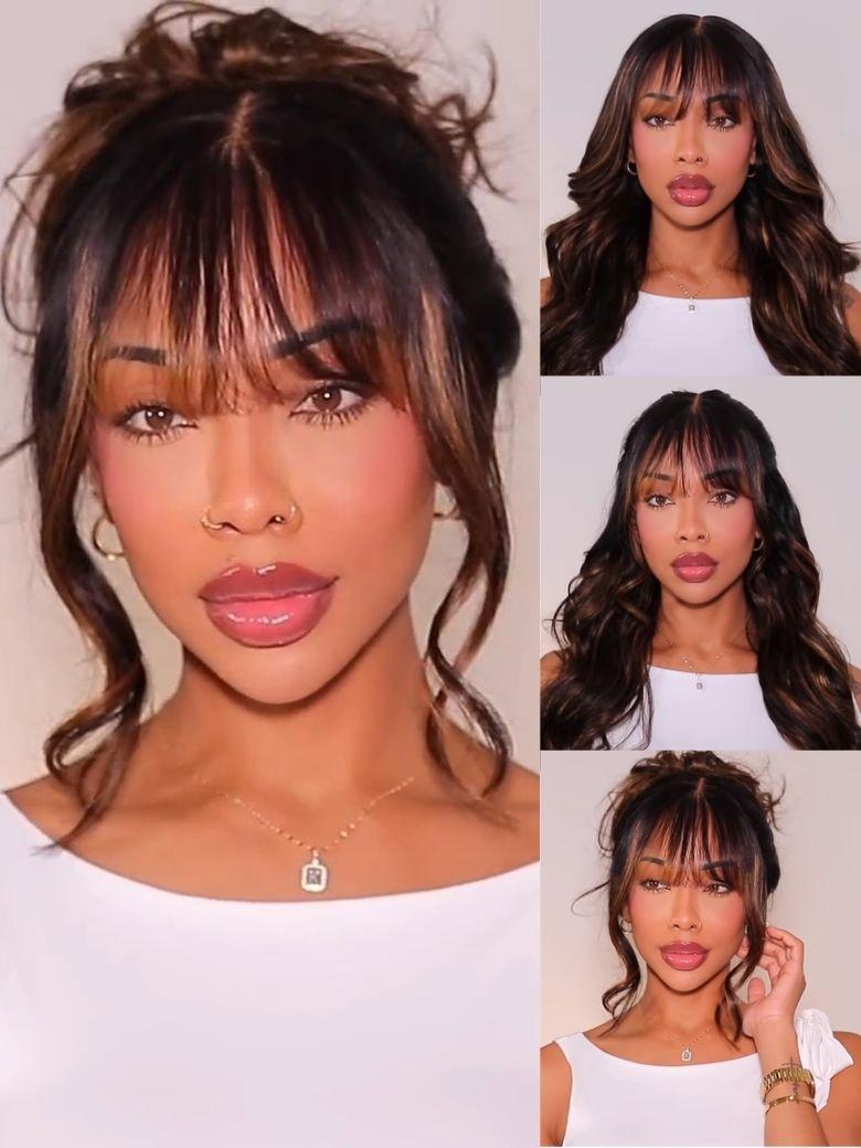 7x5 Bye Bye Knots & 13x4 Pre-Everything? Lace Frontal Balayage Highlights Fluffy Natural Loose Wave Curtain Bangs Wig