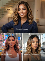 [Free Wig For All Length] 13x4 Pre-Everything? Lace Frontal Brown With Honey Blonde Face-Framing Highlights Wavy Bob Drawstring Wig