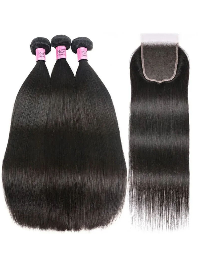 Hair 3 Bundles Peruvian Straight Hair Weft With HD Closure