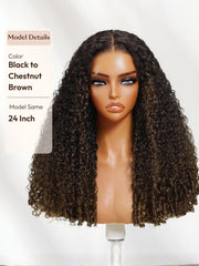 Glueless 7x5 Burmese Curly Wig with Finger Coily Ends 100% Human Hair Black to Chestnut Brown Ombre Bye-Bye Knots? 7x5 Lace Drawstring Wig