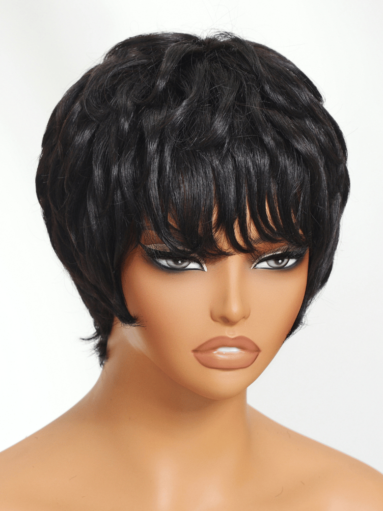 Short Pixie Cut Human Hair Glueless Wig With Full Bangs