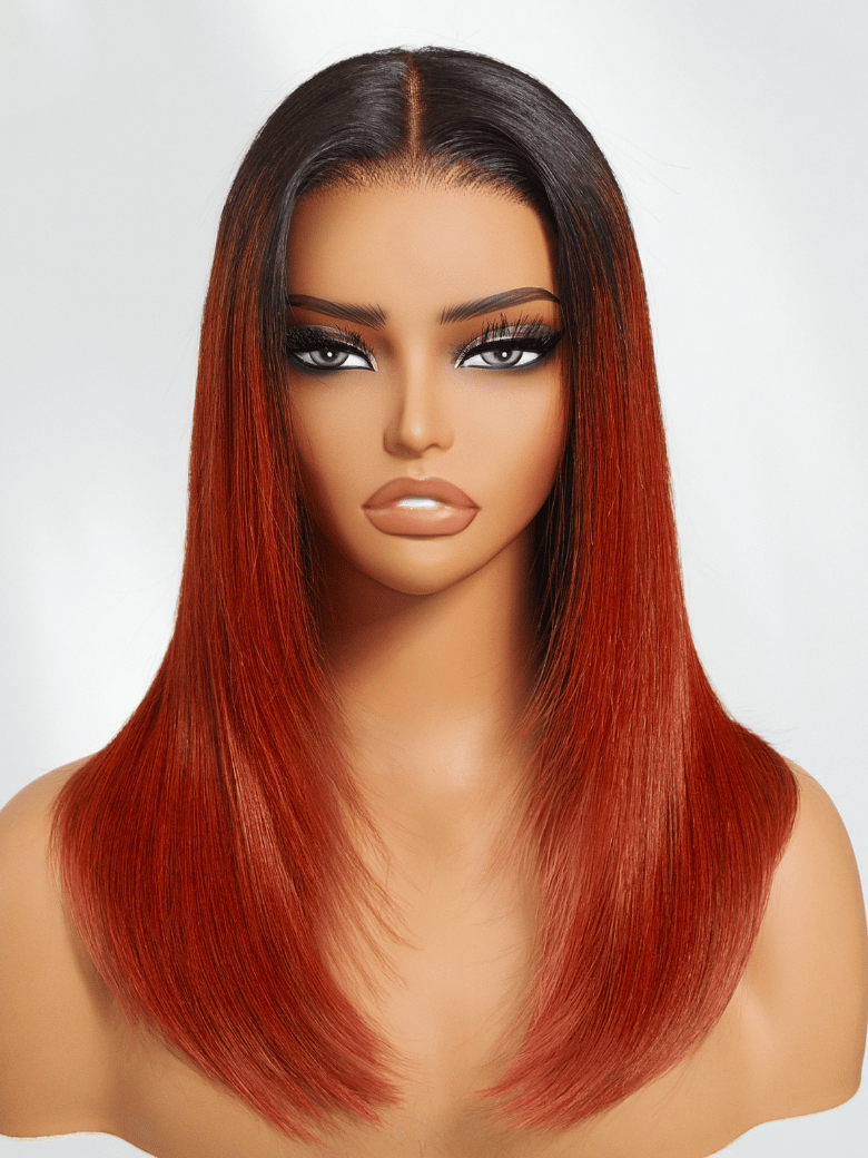 Bye-Bye Knots 7x5 Lace Burnt Orange with Dark Roots Layered Straight Wig