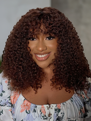Glueless Ready To Wear Dark Auburn Short Curly Afro Wig With Bangs
