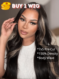 Petaluxe BOGO 7x5 ByeBye-Knots Pre-Cut Glueless Lace Invisible Knots Black With Blonde Highlights Body Wave Human Hair Wig 150% Density