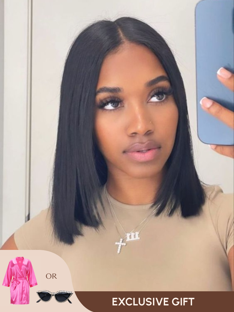 6x4.5 Pre-Cut Lace Put On And Go Natural Black Bob Wig Best Summer Choice