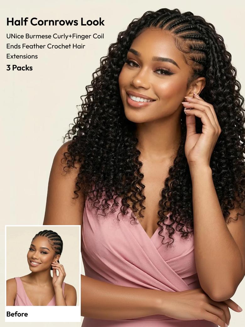 Feather Crochet Human Hair Black Burmese Curly with Finger Coil Ends Micro Ring Loop Hook & Slay
