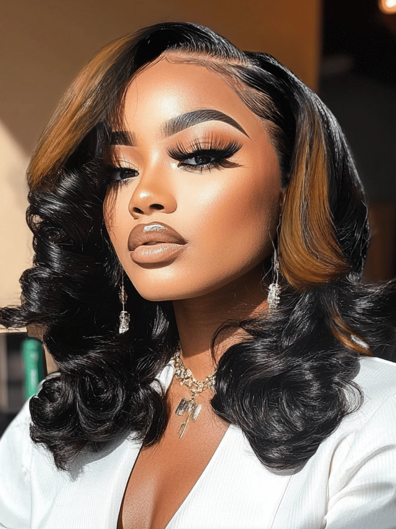 Bye-Bye Knots 7x5 Lace Black with Caramel Blonde Highlights Body Wave Wig