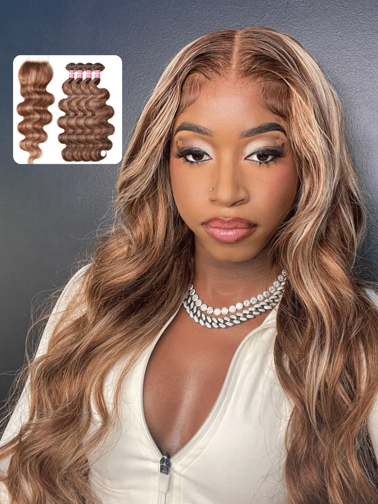 Honey Blonde Piano Highlighted Body Wave 4Pcs Bundles With Closure