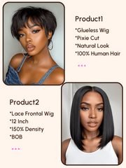 2 Wigs $99 for 12" Lace Frontal Short Bob Wig and Short Pixie Cut Human Hair Glueless Wig