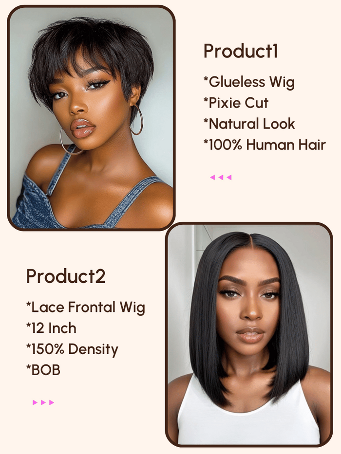 Petaluxe 2 Wigs $99 for 12" Lace Frontal Short Bob Wig and Short Pixie Cut Human Hair Glueless Wig