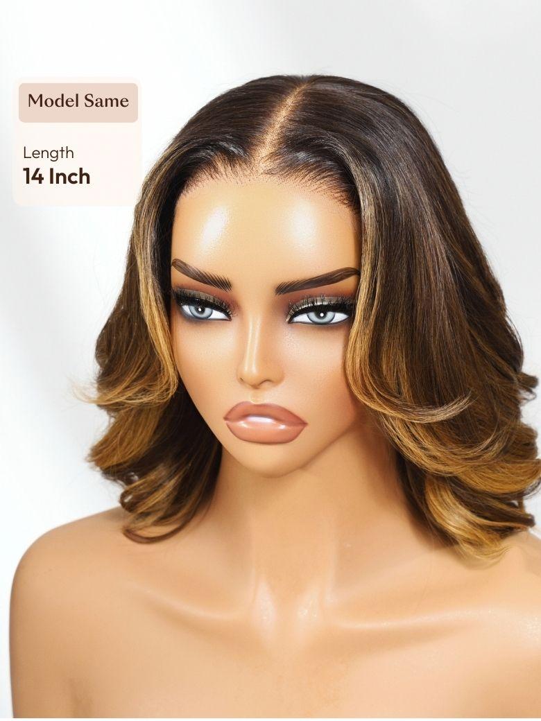 13x4 Pre-Everything? Lace Frontal Brown With Honey Blonde Face-Framing Highlights Wavy Bob Drawstring Wig