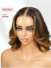 13x4 Pre-Everything? Lace Frontal Brown With Honey Blonde Face-Framing Highlights Wavy Bob Drawstring Wig