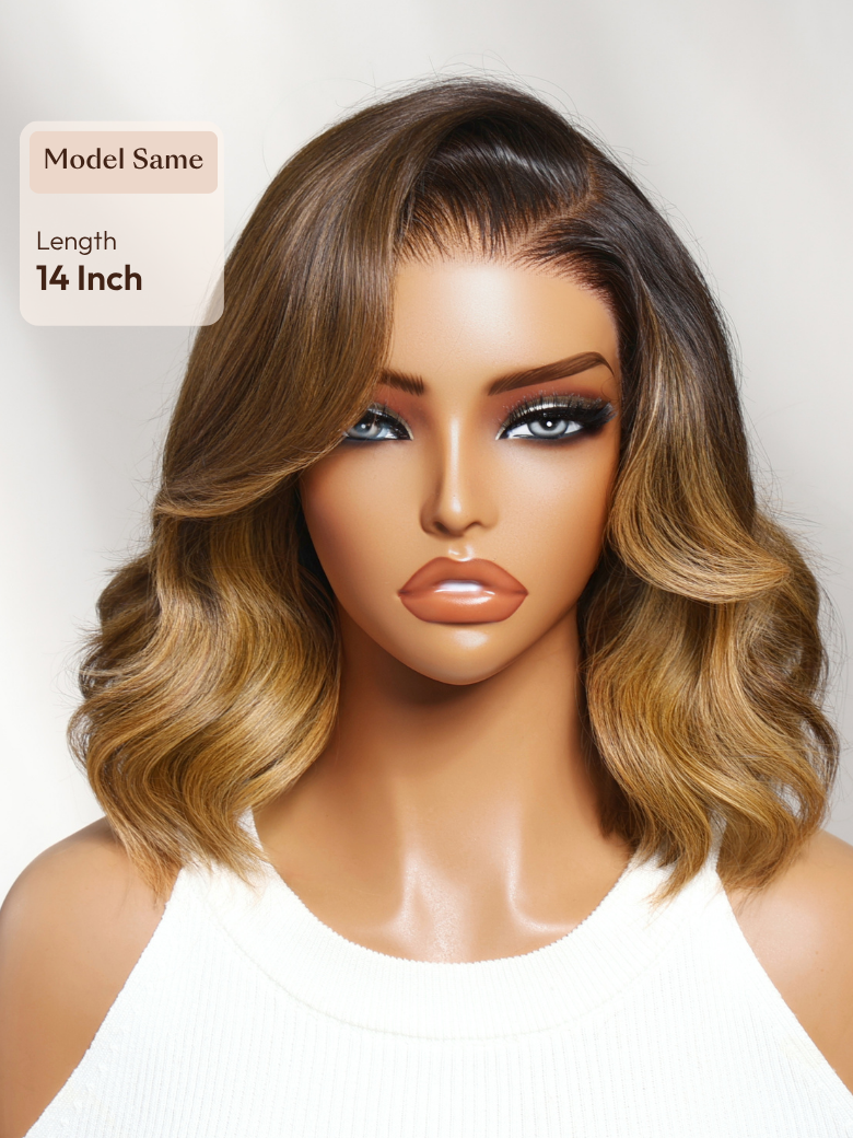 13x4 Pre-Everything? Lace Frontal Brown With Honey Blonde Face-Framing Highlights Wavy Bob Drawstring Wig