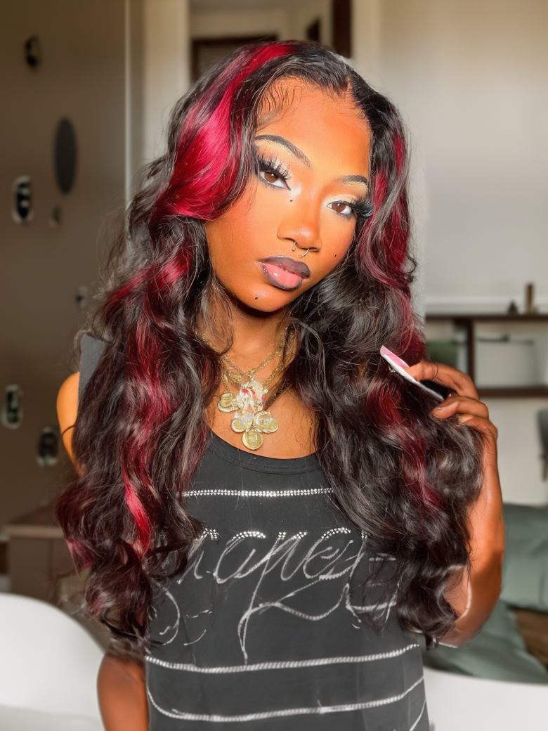 26 Inch 13x4 Lace Front  Black with Red & Blonde Highlights Red And Blonde Loose Wave Wig 150% Density