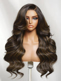 Petaluxe 7x5 Bye-Bye Slip? Lace Brown with Caramel Highlights Loose Wave with Face-Framing Layers and Side Swept Bangs