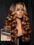 Petaluxe 360 HD Lace Pre-plucked Luxury Raw Virgin Hair Caramel Brown With Money Piece Highlights Body Wave Wig