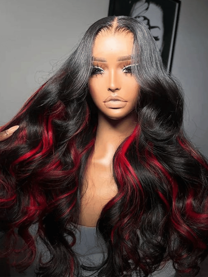 Petaluxe Bye-Bye Knots 7x5 Lace Loose Wave Burgundy Highlights Wig with Face Framing Layers 180% Density