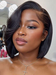 4x4 Lace Closure Black Bob Wig With Side Swept Bangs 150% Density