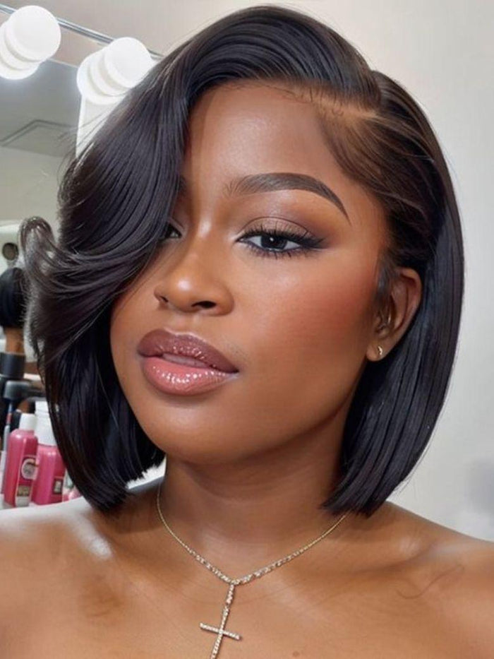 Petaluxe 4x4 Lace Closure Black Bob Wig With Side Swept Bangs