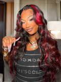 Petaluxe 26 Inch 13x4 Lace Front  Black with Red & Blonde Highlights Red And Blonde Loose Wave Wig 150% Density