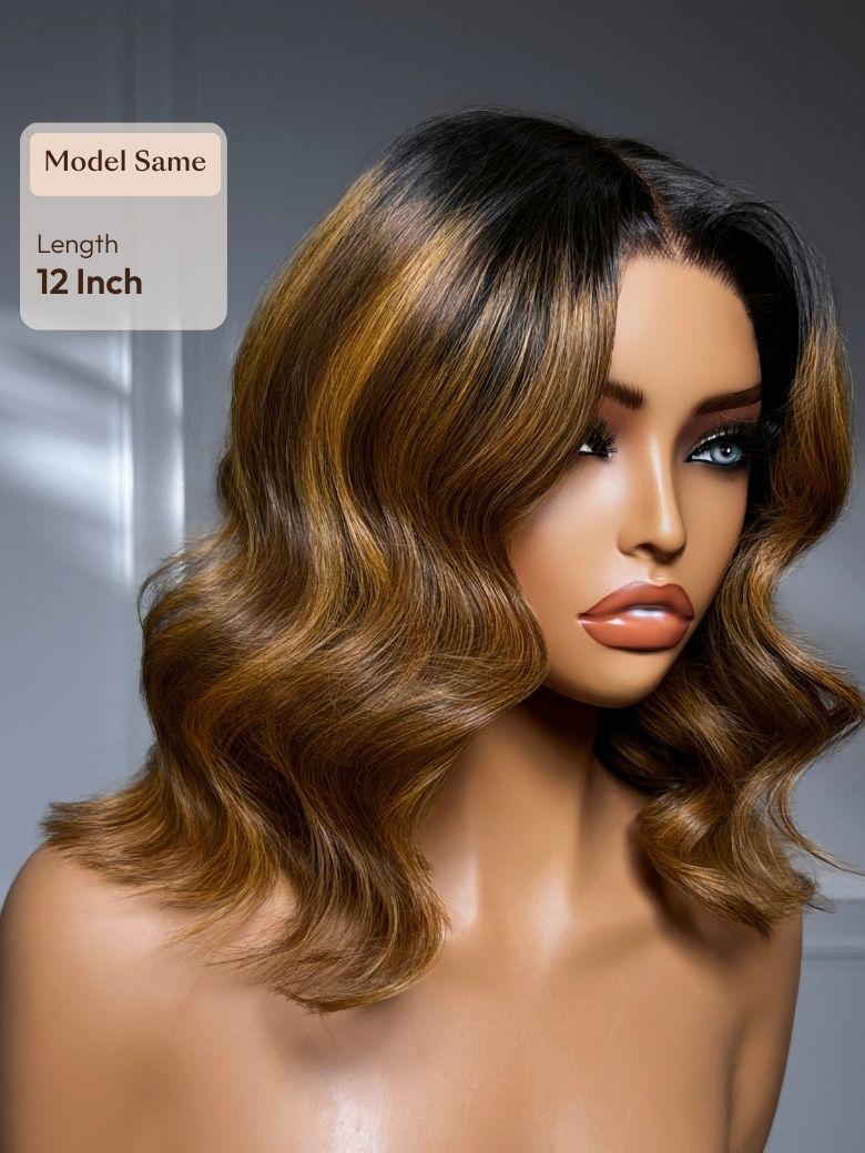 7x5 Bye Bye Slip? Lace Brown With Blonde Piano Highlights Blowout Bob Wig with Dark Roots