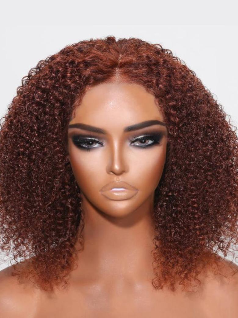 Put On And Go 6x4.5 Pre-Cut Lace Reddish Brown Bouncy Kinky Curly Air Wig