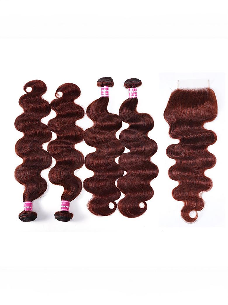 Dark Auburn Body Wave Remy Human Hair 4 Bundles With Closure Deal