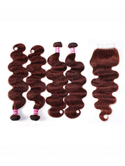 Dark Auburn Body Wave Remy Human Hair 4 Bundles With Closure Deal