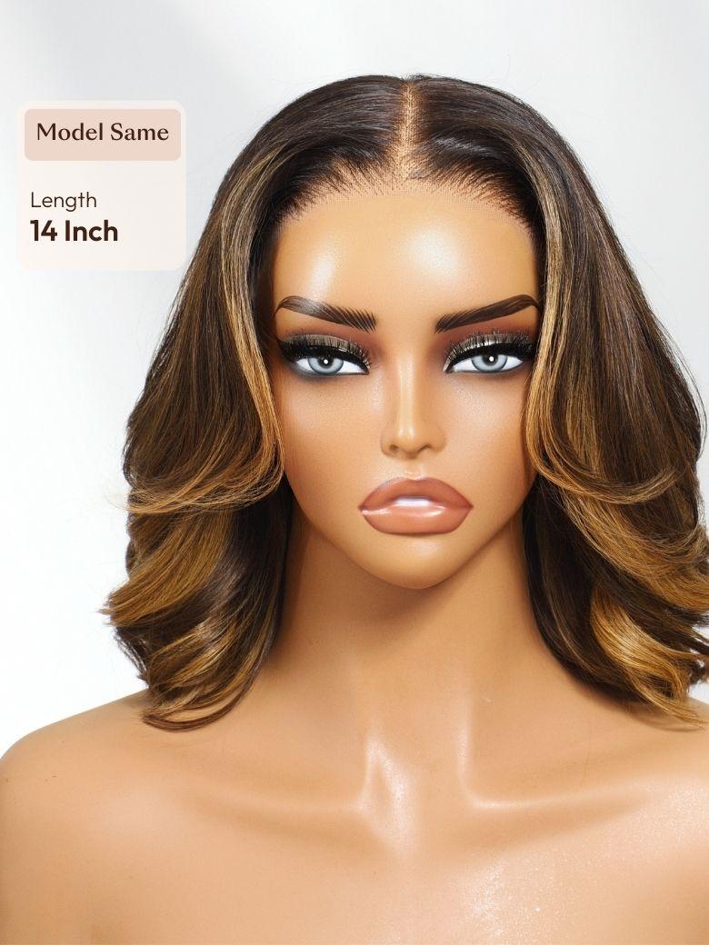 13x4 Pre-Everything? Lace Frontal Brown With Honey Blonde Face-Framing Highlights Wavy Bob Drawstring Wig