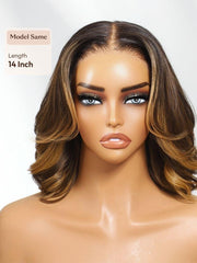 13x4 Pre-Everything? Lace Frontal Brown With Honey Blonde Face-Framing Highlights Wavy Bob Drawstring Wig