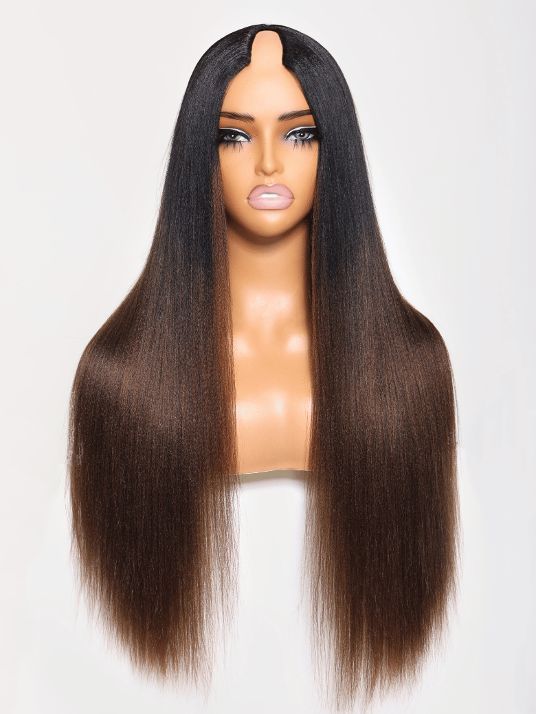EasiContour? V Part Black to Chestnut Brown Ombre Yaki Wig With Invisi Drawstring
