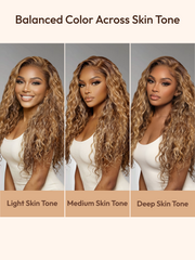 Three women with similar curly, highlighted hair and black tops, each representing light, medium, and deep skin tones��showing how a wig for different skin tone creates balanced color across all complexions.