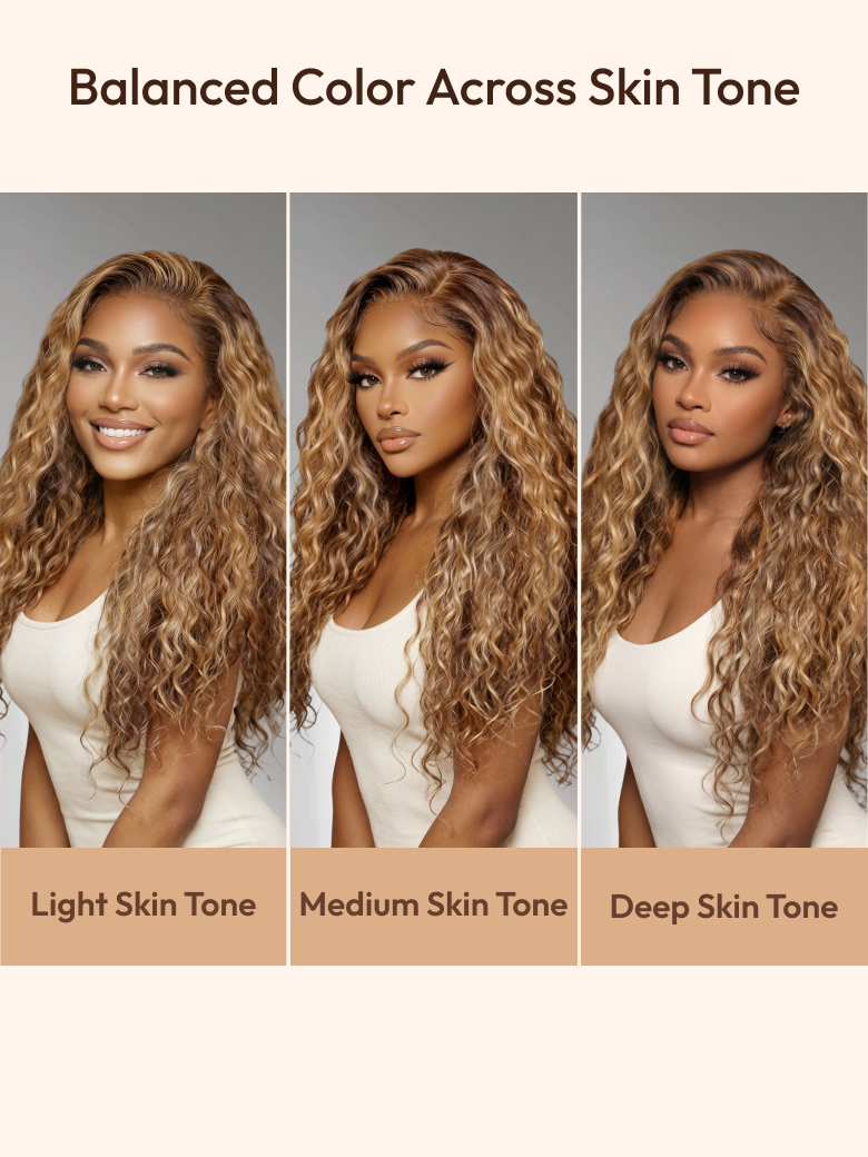 Three women with similar curly, highlighted hair and black tops, each representing light, medium, and deep skin tones��showing how a wig for different skin tone creates balanced color across all complexions.