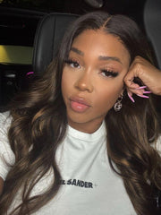 7x5 Bye Bye Knots? Wig Glueless Lace Balayage Highlight Body Wave Drawstring Curtain Bangs Wig Gina Approved