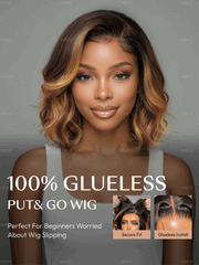 13x4 Pre-Everything? Lace Frontal Brown With Honey Blonde Face-Framing Highlights Wavy Bob Glueless Drawstring Wig Workout Friendly Secure Fit