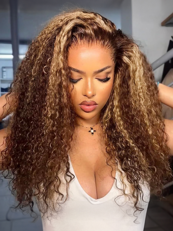 Petaluxe [16"/180% Density=$89] Bye Bye Knots Wig 7x5 Glueless Lace Honey Blonde Jerry Curly Bleached Knots Wig Small Head Friendly