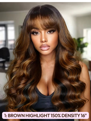 [All 13x4 Front] 200%/ 150% Density Wide Front Lace Fluffy Loose Wave/ Chocolate Brown/ Side Swept Bangs/ Bouncy Water Wave Curly/ Burnt Orange Wigs