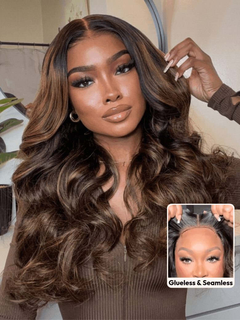 7x5 Bye Bye Slip? Wig Glueless Lace Balayage Highlight Body Wave Curtain Bangs Wig with Invisible Drawstring