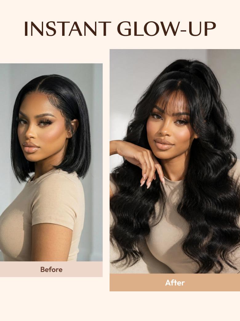 Before and after wig transformation showing a short black bob natural hair vs a long wavy half-up hairstyle with bangs.