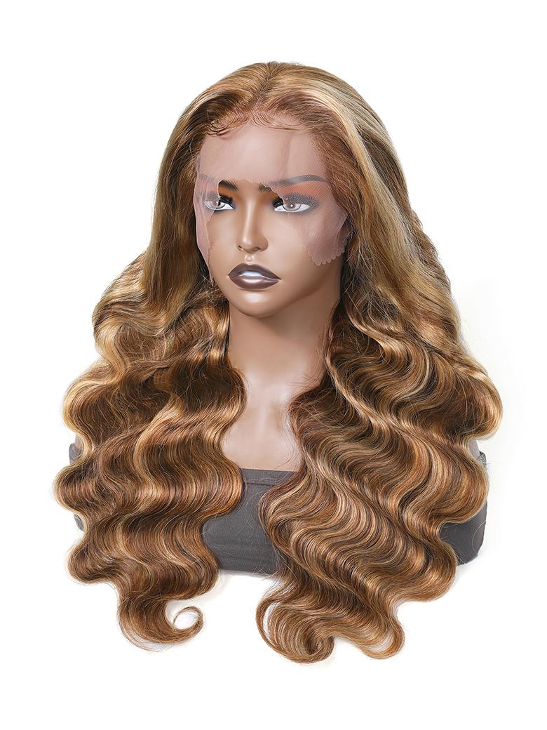 Pre-Plucked Body Wave Honey Blonde Highlight Lace Wigs Human Hair 150% Colored Wigs
