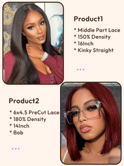 2 Wigs $165 for 16" Middle Lace Part Kinky Straight Wig and 14" Reddish Brown PreCut 6x4.5 Lace Bob Wig